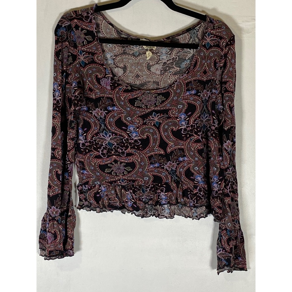 LA Hearts Paisley Mesh Crop Top Large Bell Sleeve Boho Fairycore Peplum